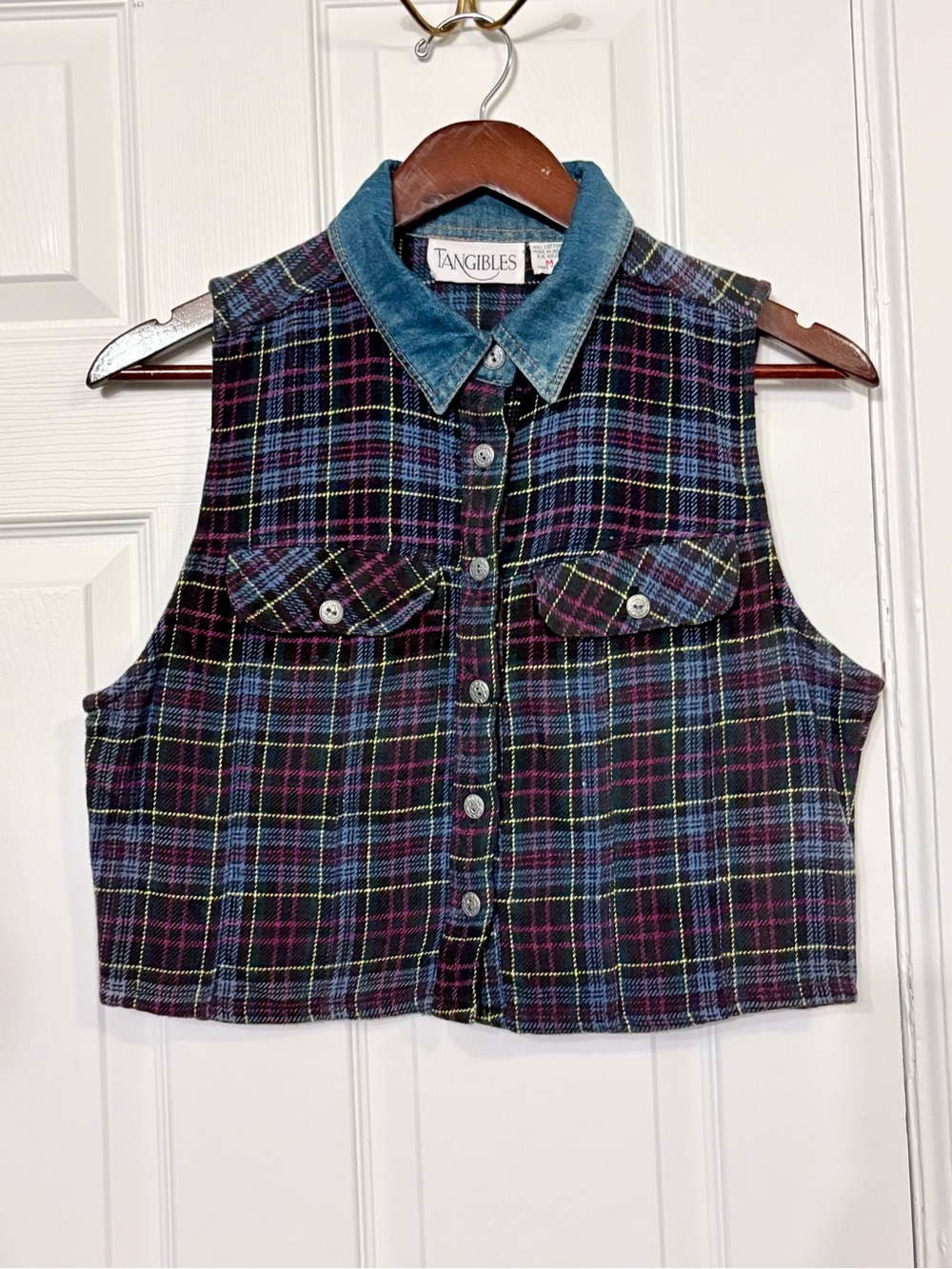 Vintage plaid flannel vest with denim collar womens size small to medium